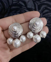 Modern Silk Copper Alloy Pearl Tassel Stud Earrings